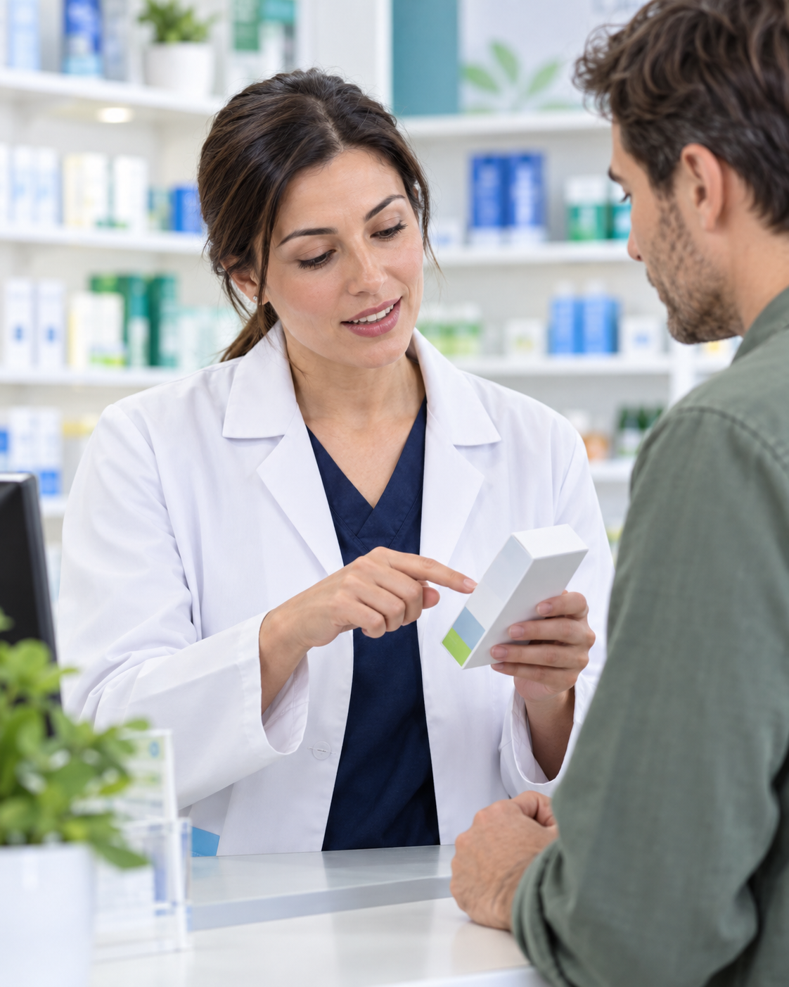 Farmacéutica explicando el uso responsable de un medicamento