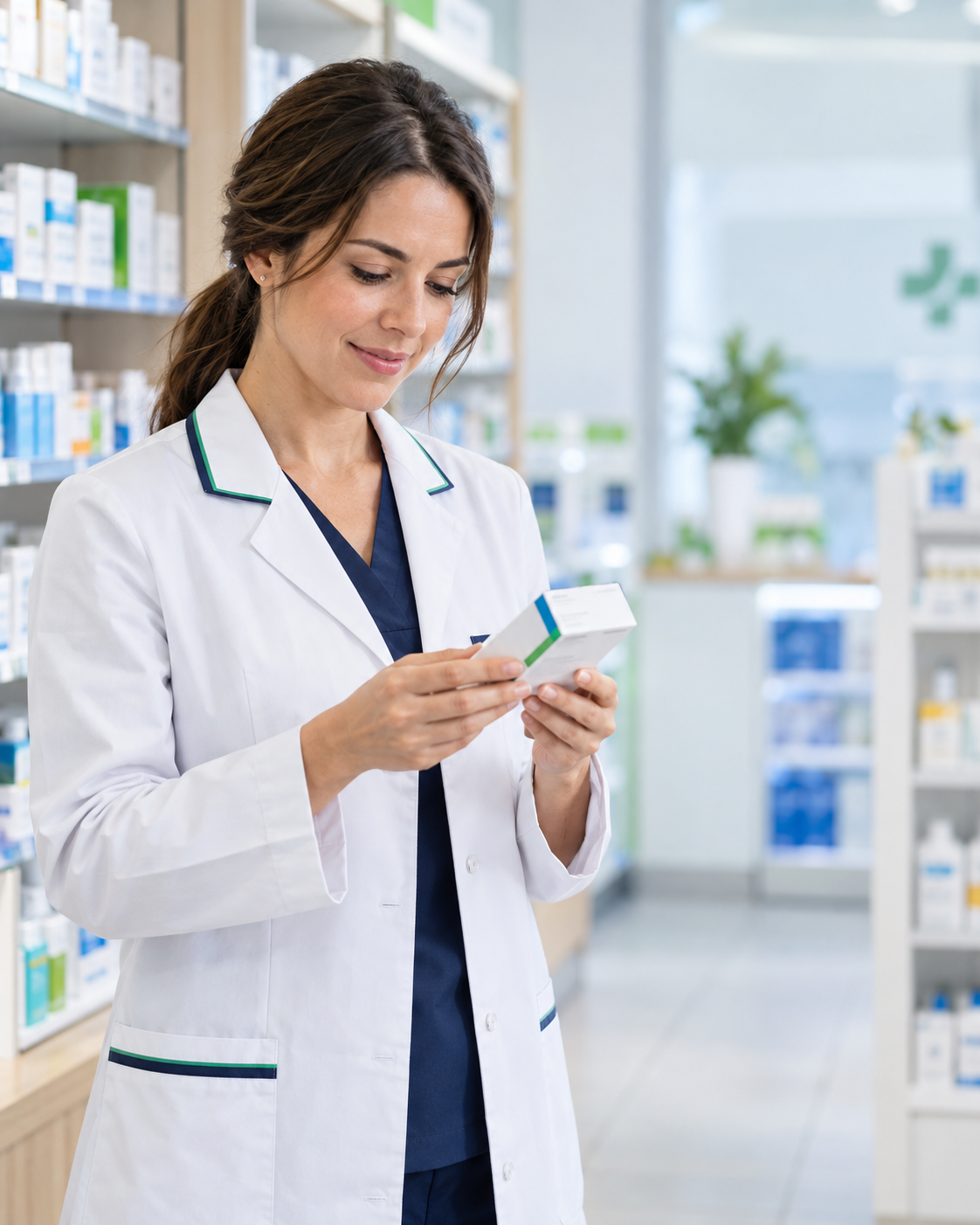 Farmacéutica verificando la información de un medicamento